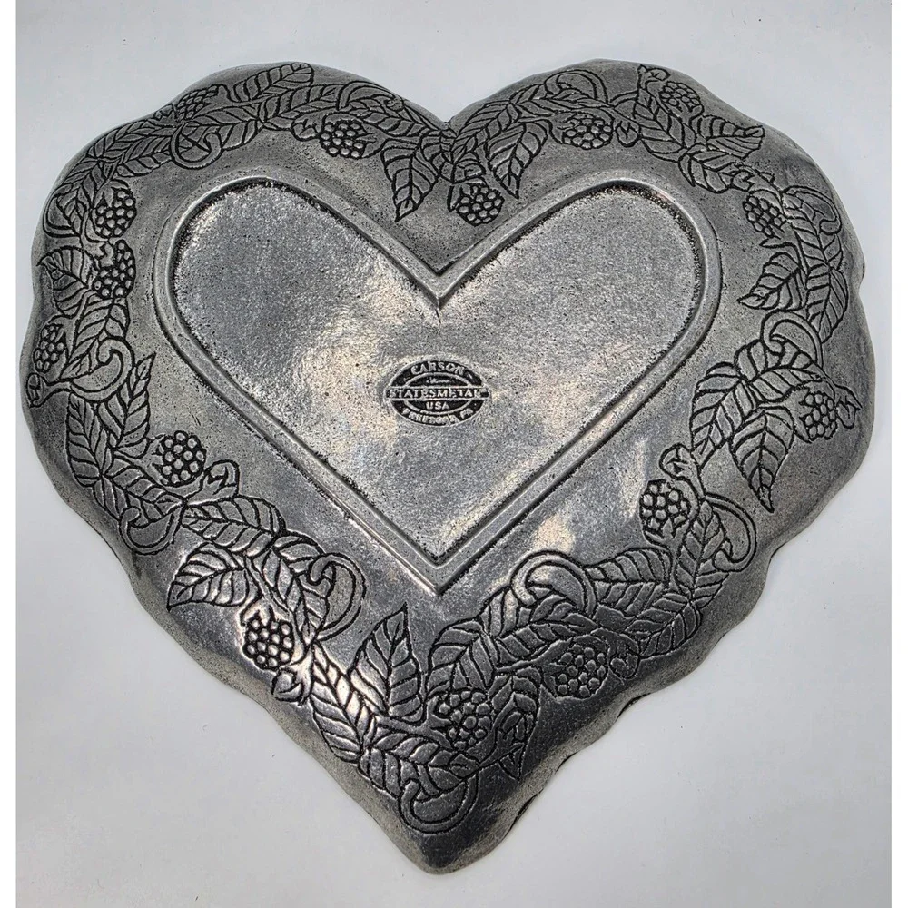 Carson Statesmetal Heart Trinket Dish Blackberry Floral Embossed Pewter Style